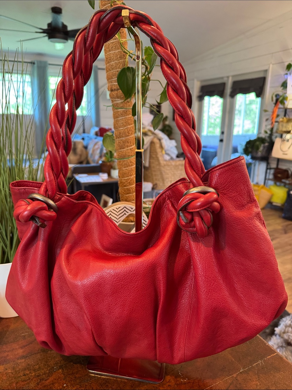 LUPO Barcelona Red Leather Hobo Tote - Signature Braided Strap Handbag - Picture 7 of 11